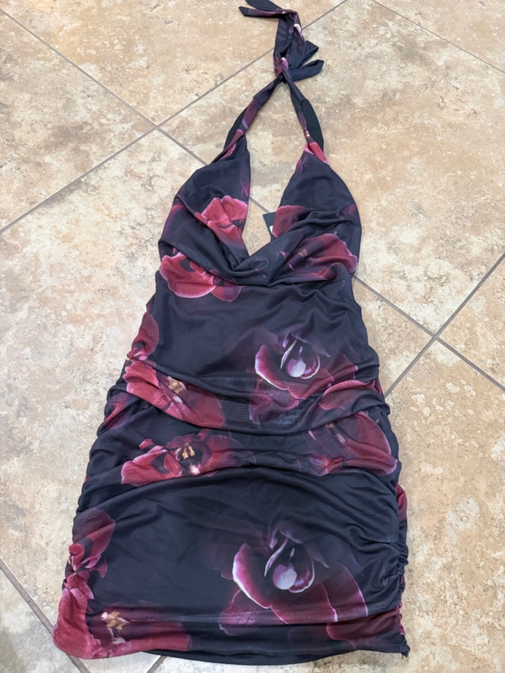Fashion Nova Black Mini Dress with Deep Pink Floral Print